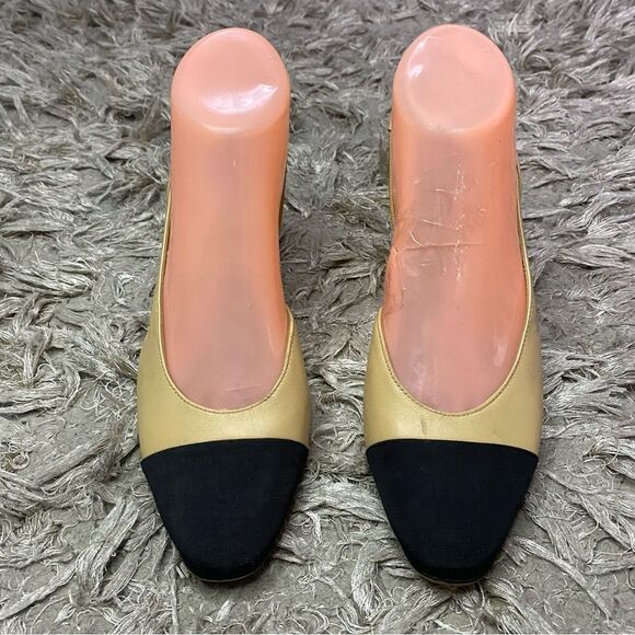 CHANEL Classic Slingback - Black Gold Leather Heels - 37 - Picture 2 of 12